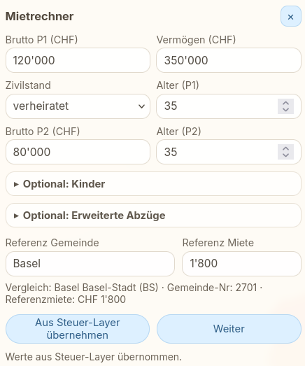 Mietrechner mit Steuerparametern und Referenzgemeinde.